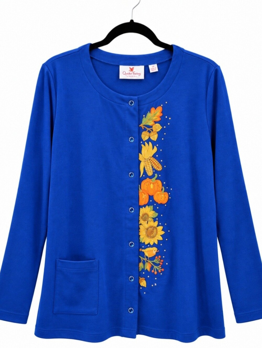 0205 Quacker Factory Fall Harvest Novelty Embellished Snap Cardigan Blue 1X